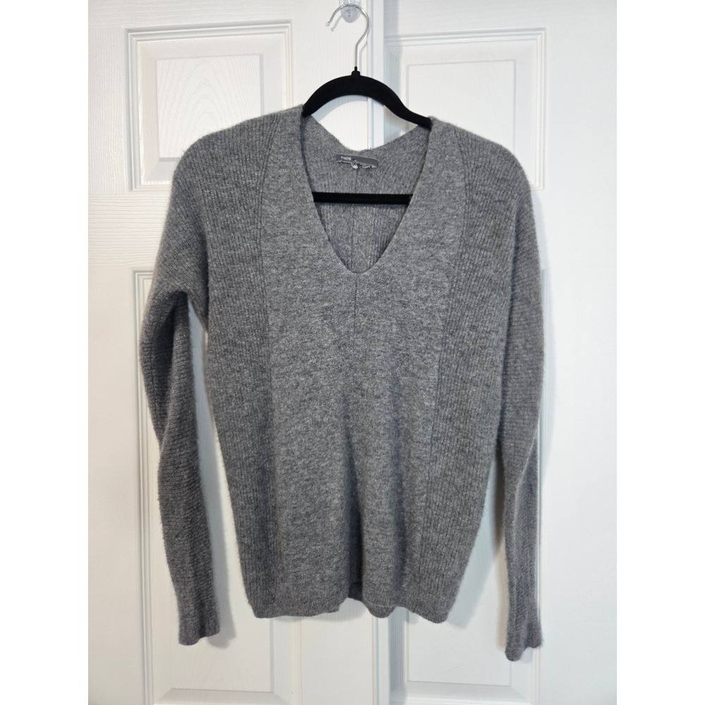 Vince 100% Cashmere V-Neck Sweater Heather Gray Ribbed Mixed Knit XXS